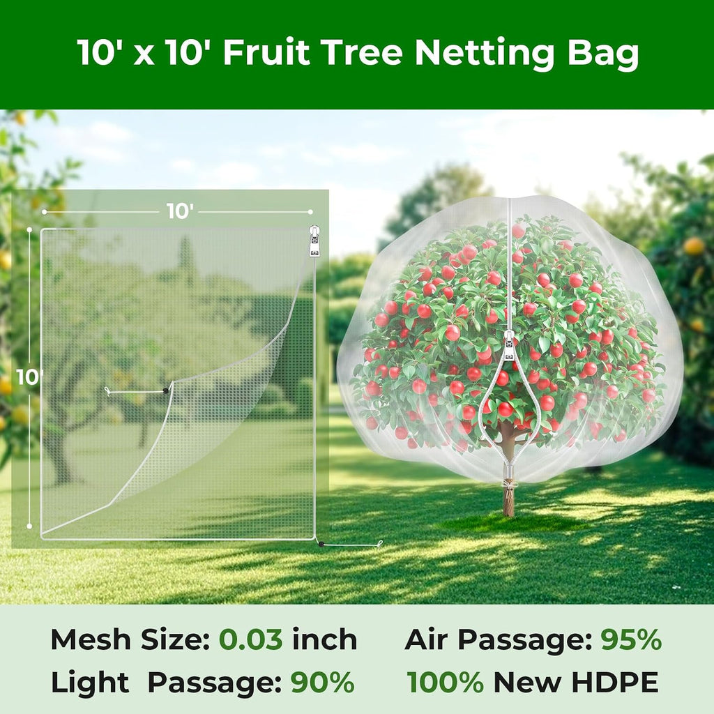 10'x10' Fruit Tree Netting with Zipper & Drawstring(2 Pack) | Garden Plant Net Barrier to Prevent Cicadas Bird