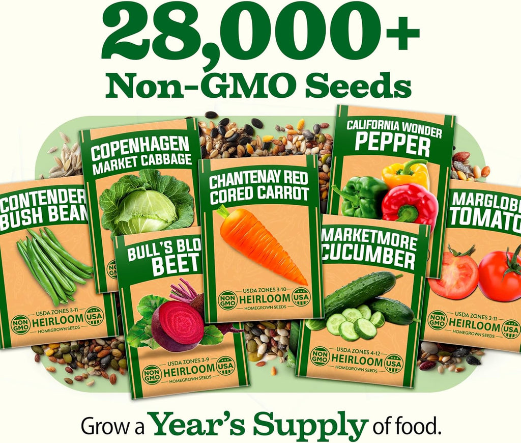 HOME GROWN 55 Variety Survival Seed Vault 28,000+ Heirloom Non-GMO Vegetable Seeds for Planting, High Germination