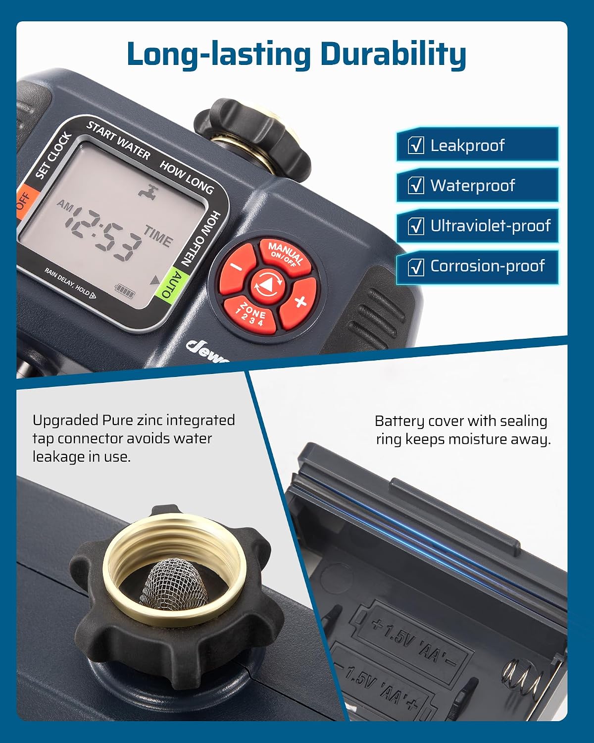 DEWENWILS Sprinkler Timer 4 Zone, with Rain Delay/Manual/AUTO Irrigation | 120Psi Pressure, Independent Control