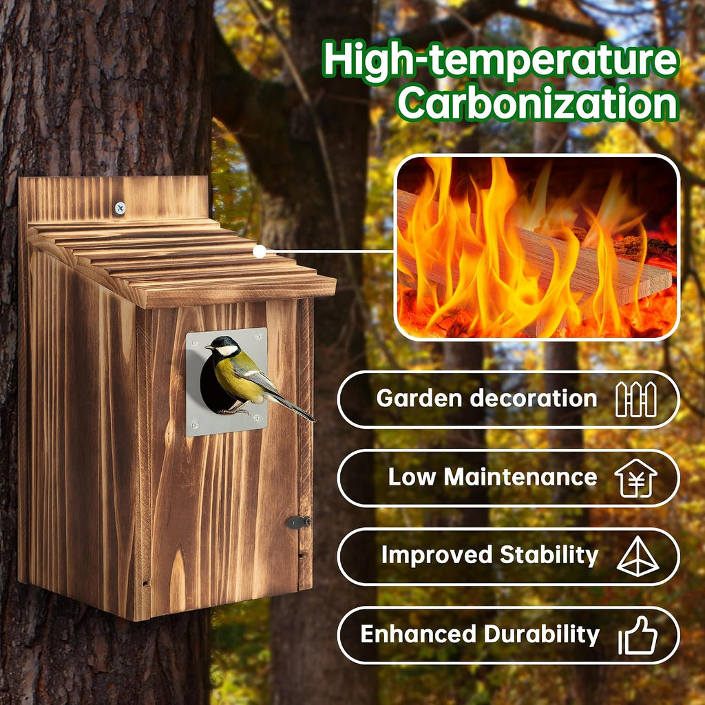2 Pack Bird Houses for Outside with Metal Predator Guard for Bluebird Wren Swallow Finch, Carbonized Wooden Nesting