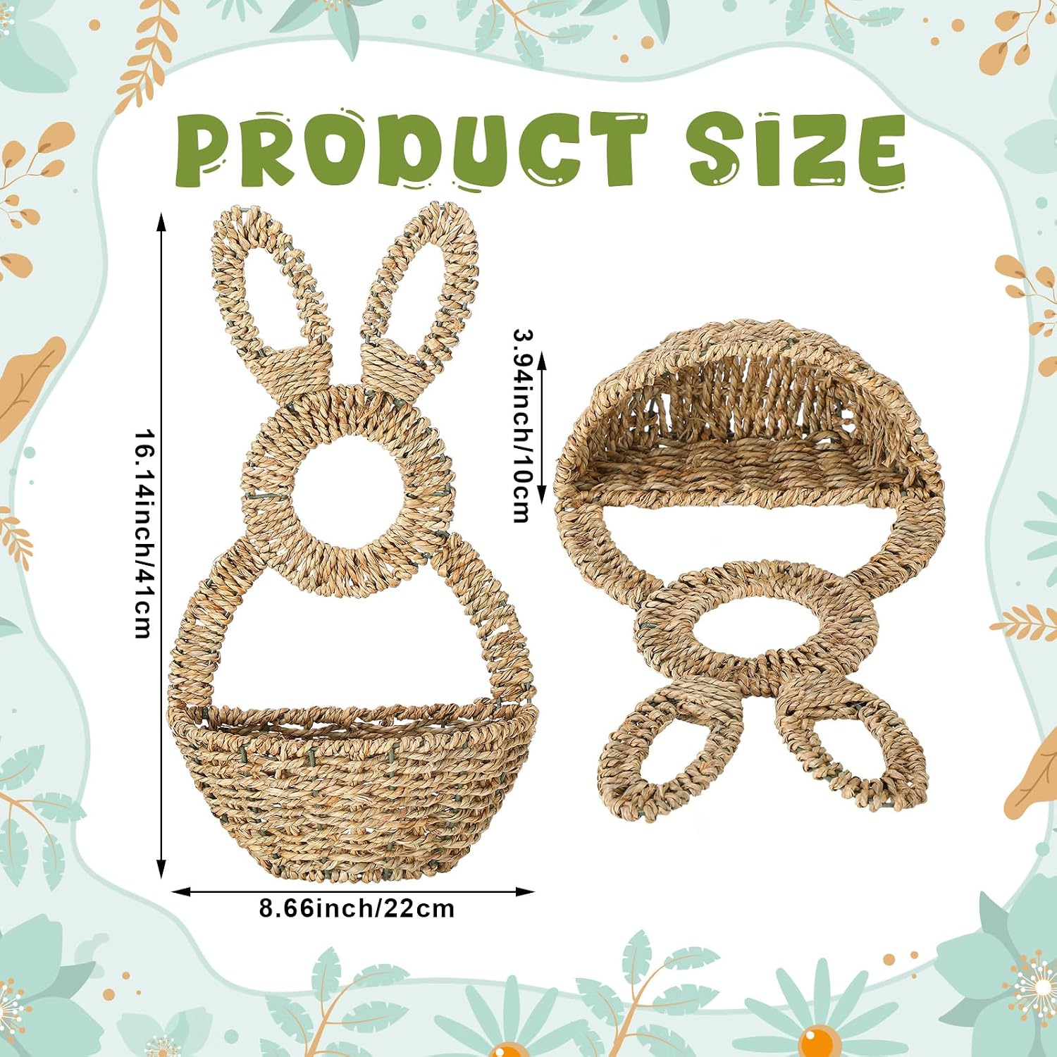 LemonRoad 16.1 Inch Easter Bunny Basket Easter Bunny Woven Wicker Basket Hanging Wall Rabbit Pocket for Spring Front