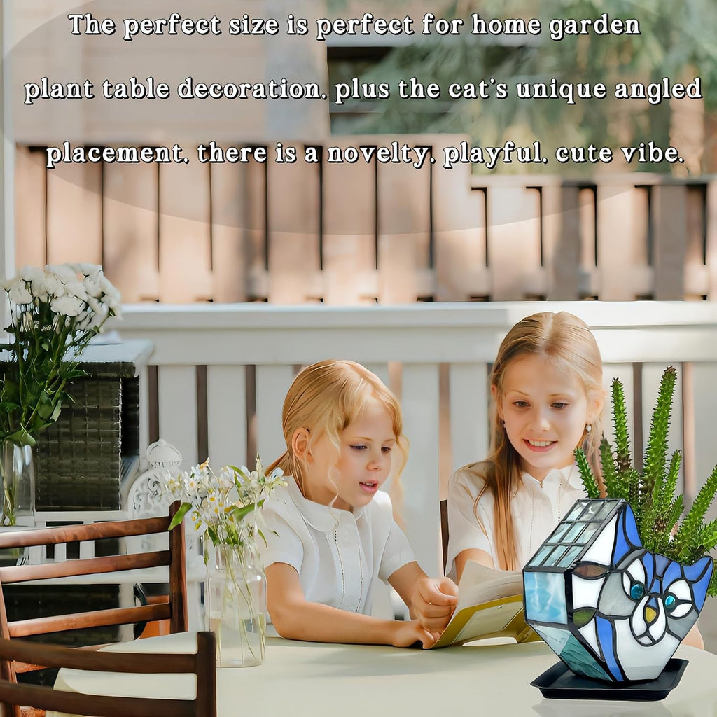 Stained Glass Cat Flower Pot,Cute Pots for Plants,Small Plant Pot with Unique Cat Face Design,Tiltable Terrarium