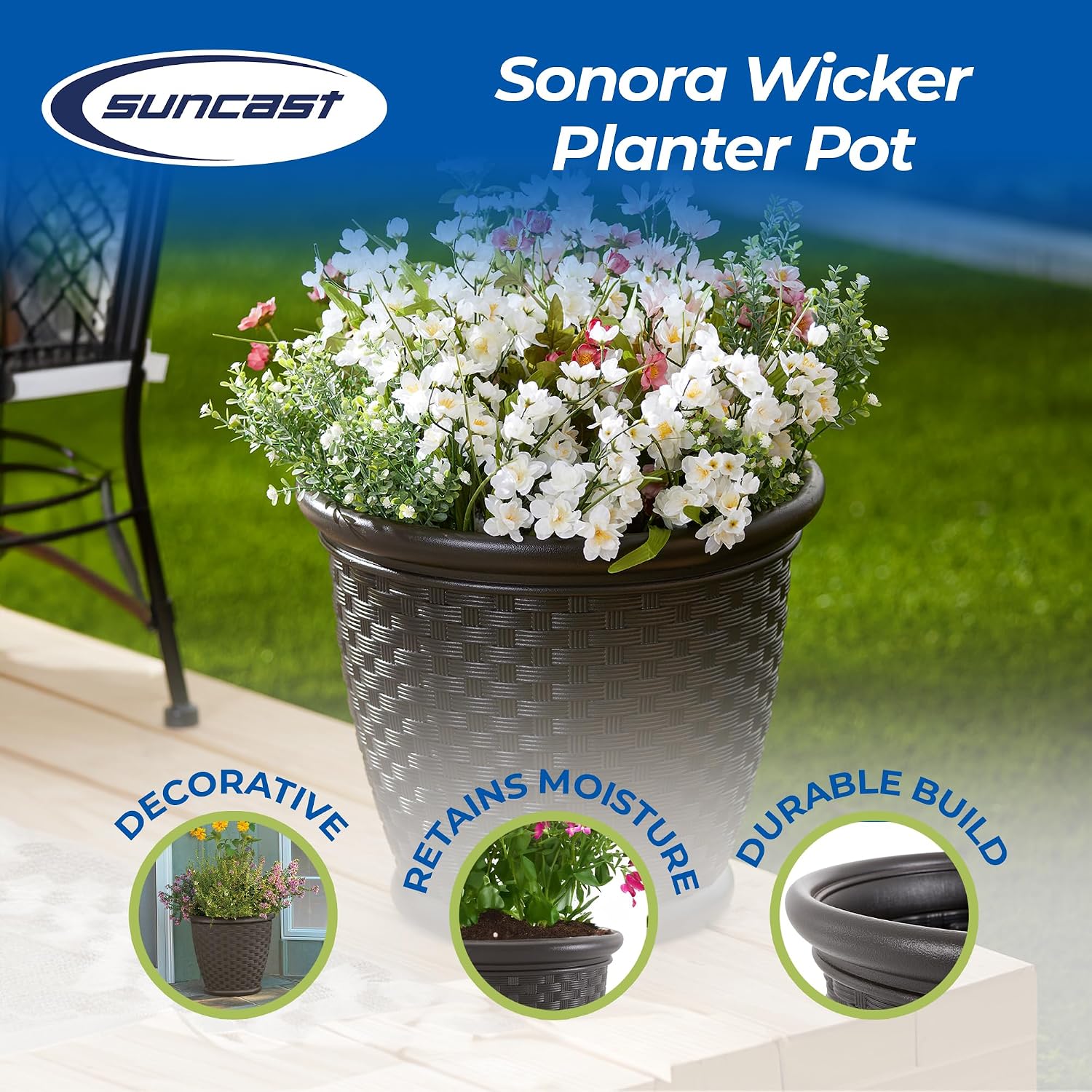 Suncast Sonora 18 Inch Lightweight Durable Plastic Wicker Decorative Flower Planter Pot for Yard, Garden, Indoor or