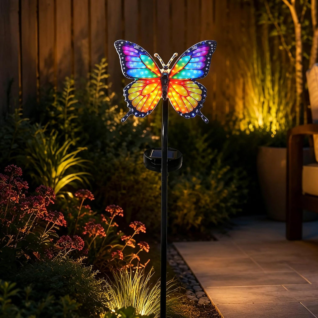 Solar Butterfly Garden Stake Light, 39.4" Outdoor Solar Garden Decor Light, Rainbow Glow Acrylic Butterfly, Auto On/Off