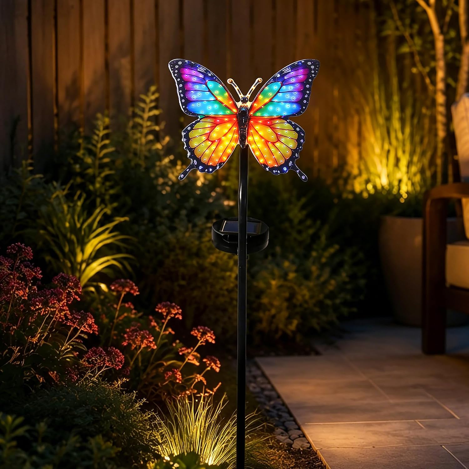 Solar Butterfly Garden Stake Light, 39.4" Outdoor Solar Garden Decor Light, Rainbow Glow Acrylic Butterfly, Auto On/Off