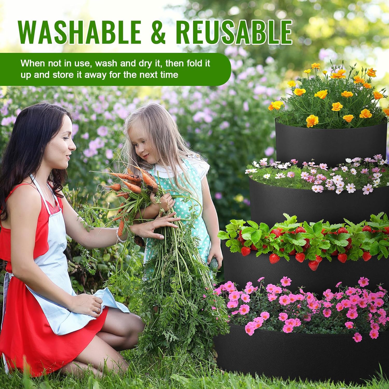 4 Pcs Plant Grow Bags 4 Tiered Strawberry Planter Tower Fabric Raised Garden Beds, 39 Inch Nonwoven Strawberry Pyramid
