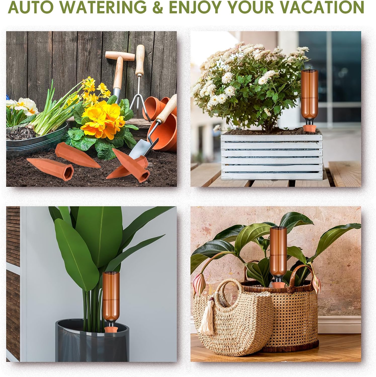 16 Pcs 8 Set Plant Watering Devices, Terracotta Watering Spikes with 25 oz Plastic Wine Bottles, Slow Release Vacation