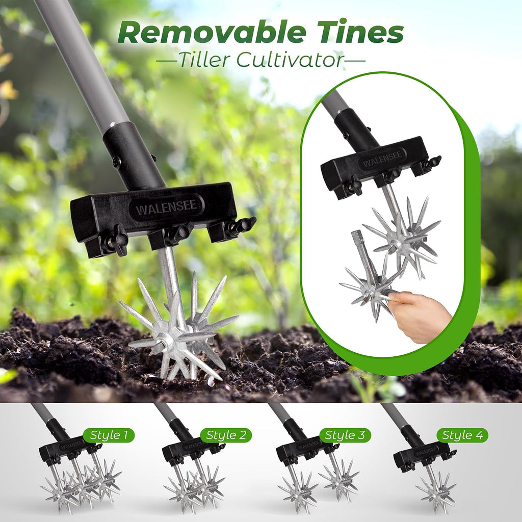 Walensee Rotary Cultivator, Hand Tiller for Soil Mixing or Reseeding | Star-Shaped Rotating Tines Break Up Soil Clods