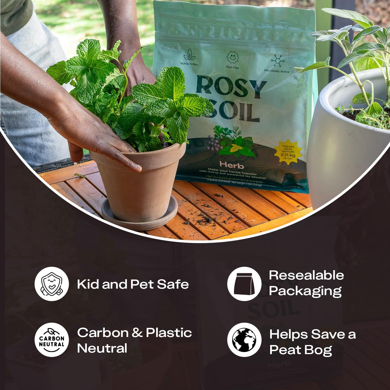 Rosy Soil Herb Mix, Organic Indoor and Outdoor Herb Potting Soil, 4 Quarts | Biochar, Worm Castings, Mycorrhizae Blend