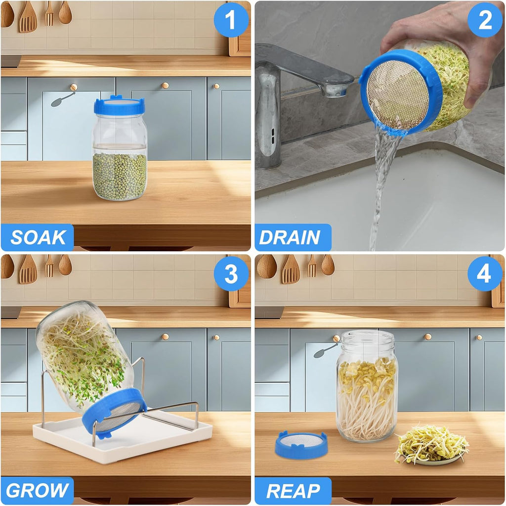 Lulonpon Sprouting Kit, 2 Sprouting Jar Kits, Wide Mouth Quart Mason Jars with Stainless Steel Screen Sprout