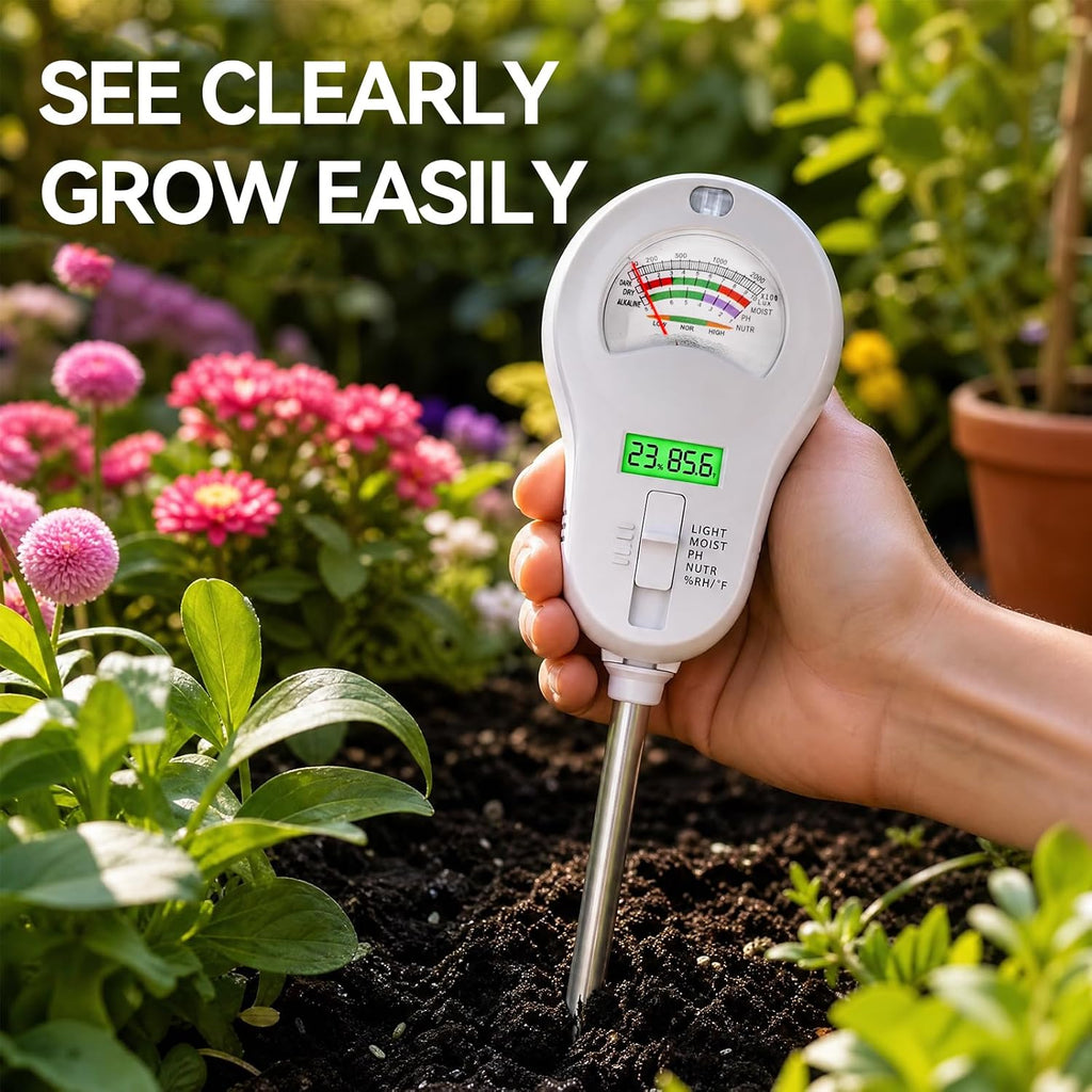 Soil Test Kit, 6-in-1 Soil Moisture Meter, PH/Sunlight/Soil Moisture/Fertility Monitor Indicator Sensor with 4
