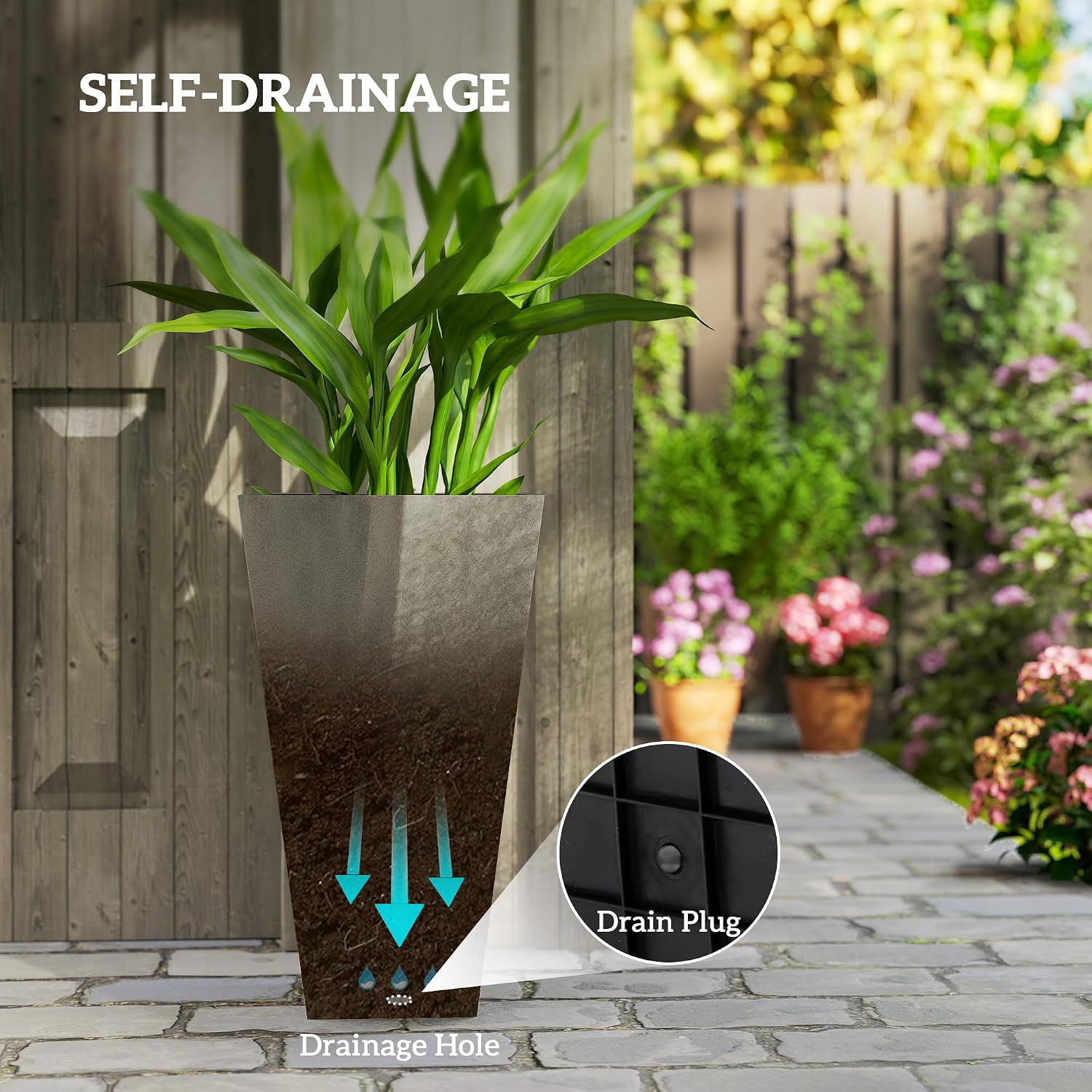 Outsunny 28 in Tall Planters for Outdoor Plants with Drainage Holes, Grey | Set of 3, Taper Planters, Indoor Grande
