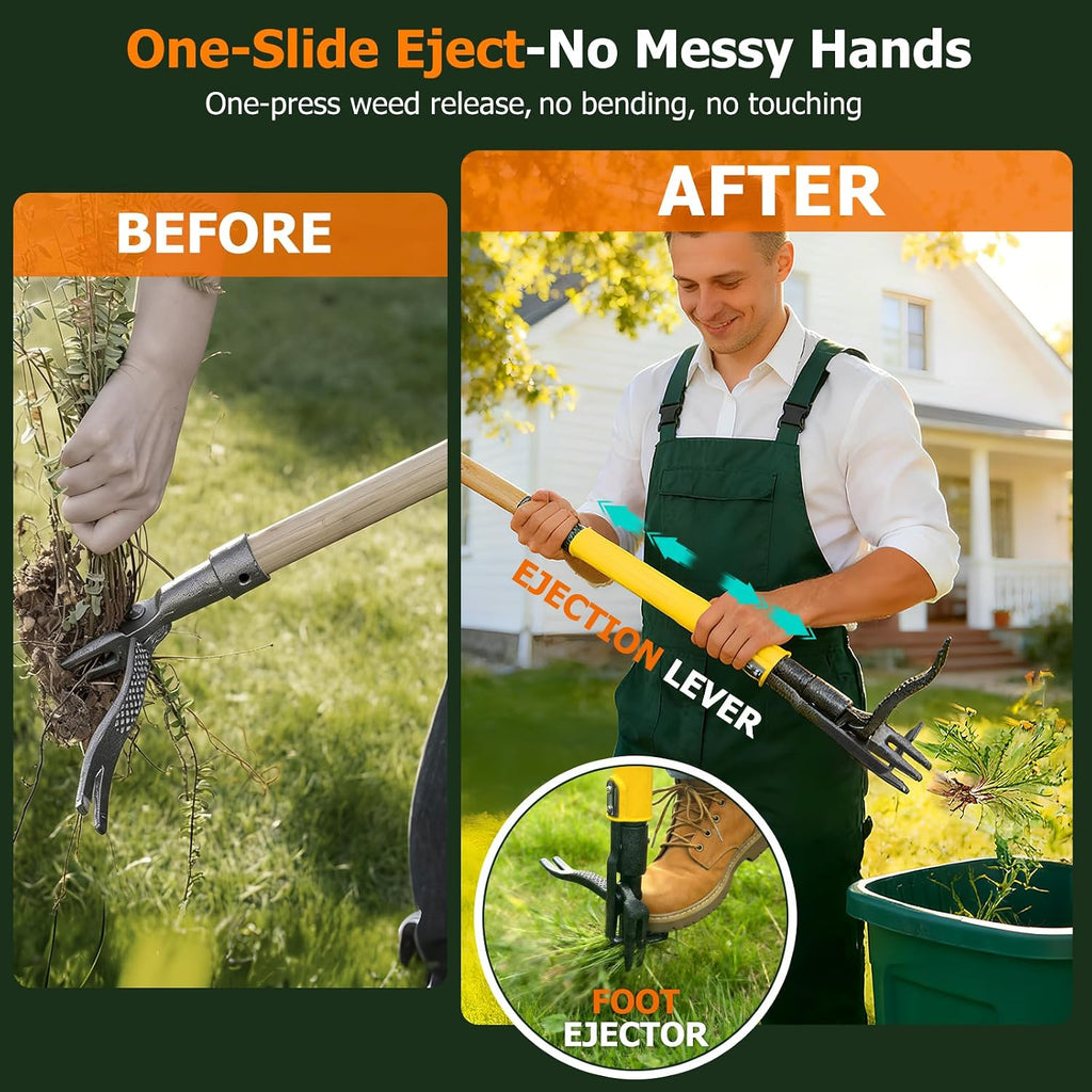 Weed Puller Tool Stand Up with Slide-Release Ejection, Reinforced Steel Weeder with 3-Section Long Handle, No-Touch