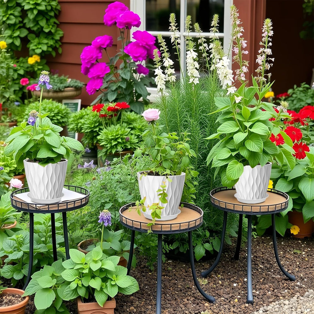 6 Pack 7 Inch Plant Pots with Drainage and Saucers, White Plastic Flower Pots for Indoor and Outdoor Plants, Stackable