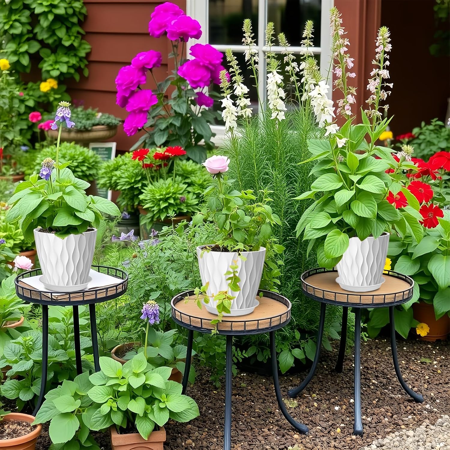 6 Pack 7 Inch Plant Pots with Drainage and Saucers, White Plastic Flower Pots for Indoor and Outdoor Plants, Stackable