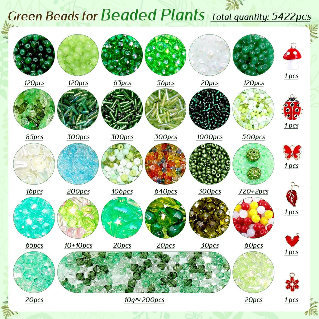 ZYNERY 5600pcs Beaded Plant Kit, Green Glass Beads, with A Full Set of Tools Green Beads Kit Glass for Making Succulent