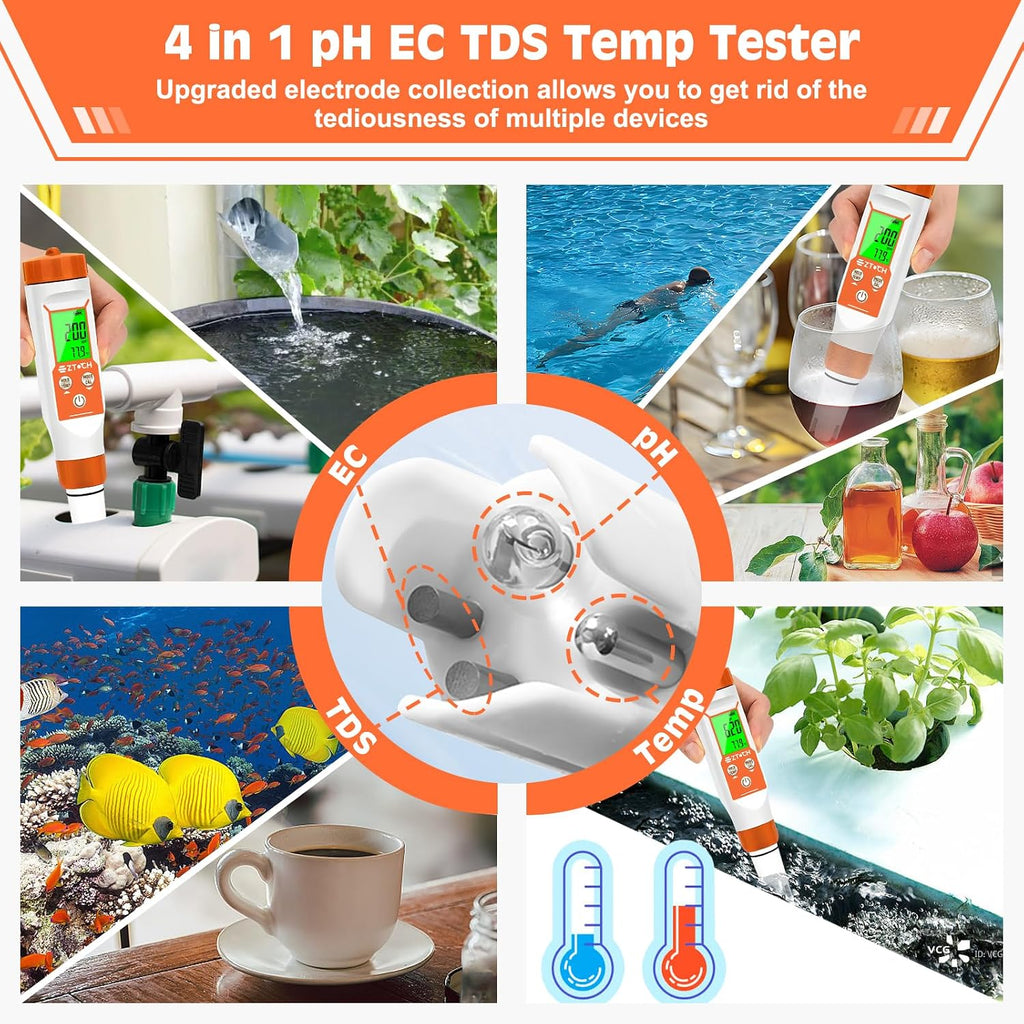 pH Meter for Water, Smart pH TDS EC Meter for Water Hydroponic | 4 in 1, pH Conductivity PPM Temp Meter, for Drinking