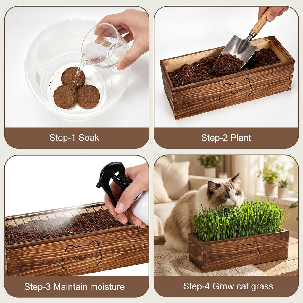 Wooden Cat Grass Planter (no Seeds Included),Cat Grass Kit for Indoor Cats with Anti-Digging Grid, Potting Soil