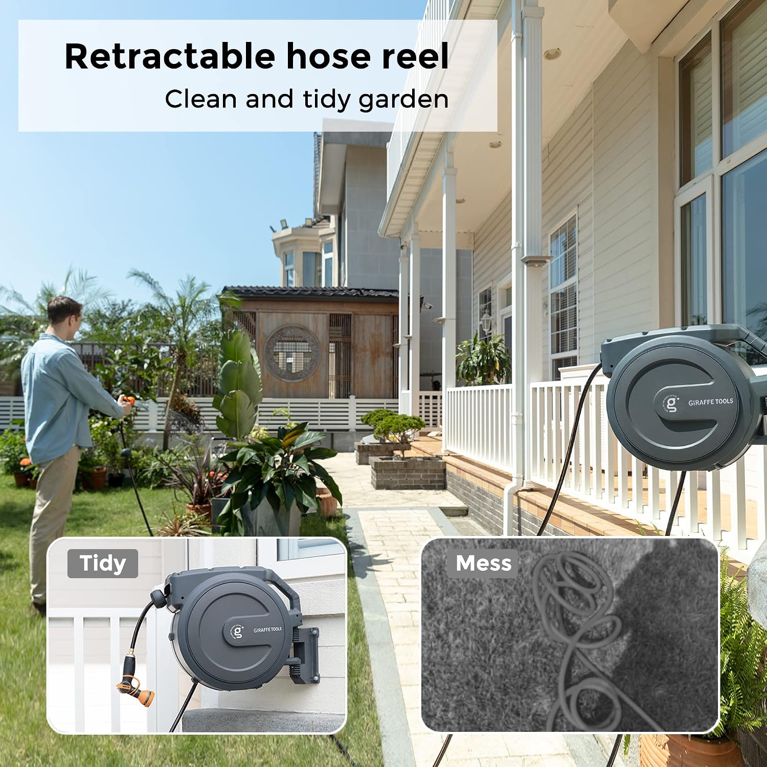 Giraffe Tools Retractable Garden Hose Reel 1/2"130FT Metal Bracket | Any Length Lock,Auto Rewind System,Wall Mount,180°