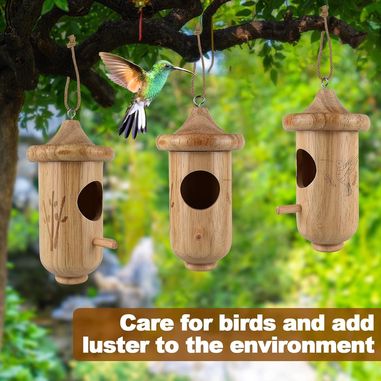 Hummingbird House, Hummingbird Houses for Outside Nesting with Bird Feeder | 3 Pcs Small Wooden Hummingbird Nest