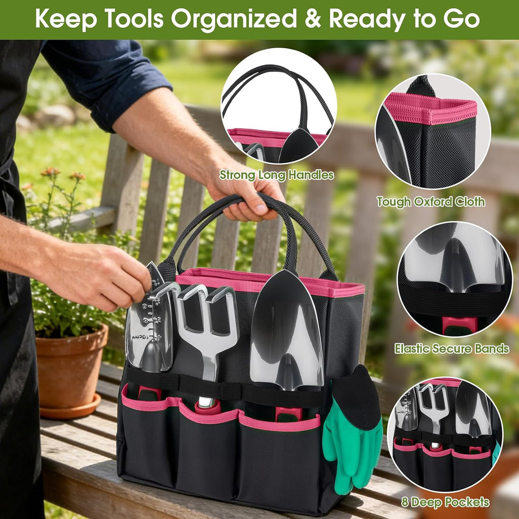 WOWBOX Garden Tools Set, 10 PCS Heavy Duty Gardening Hand Tools Kit, Red | Gardening Tool Set with Storage Tote