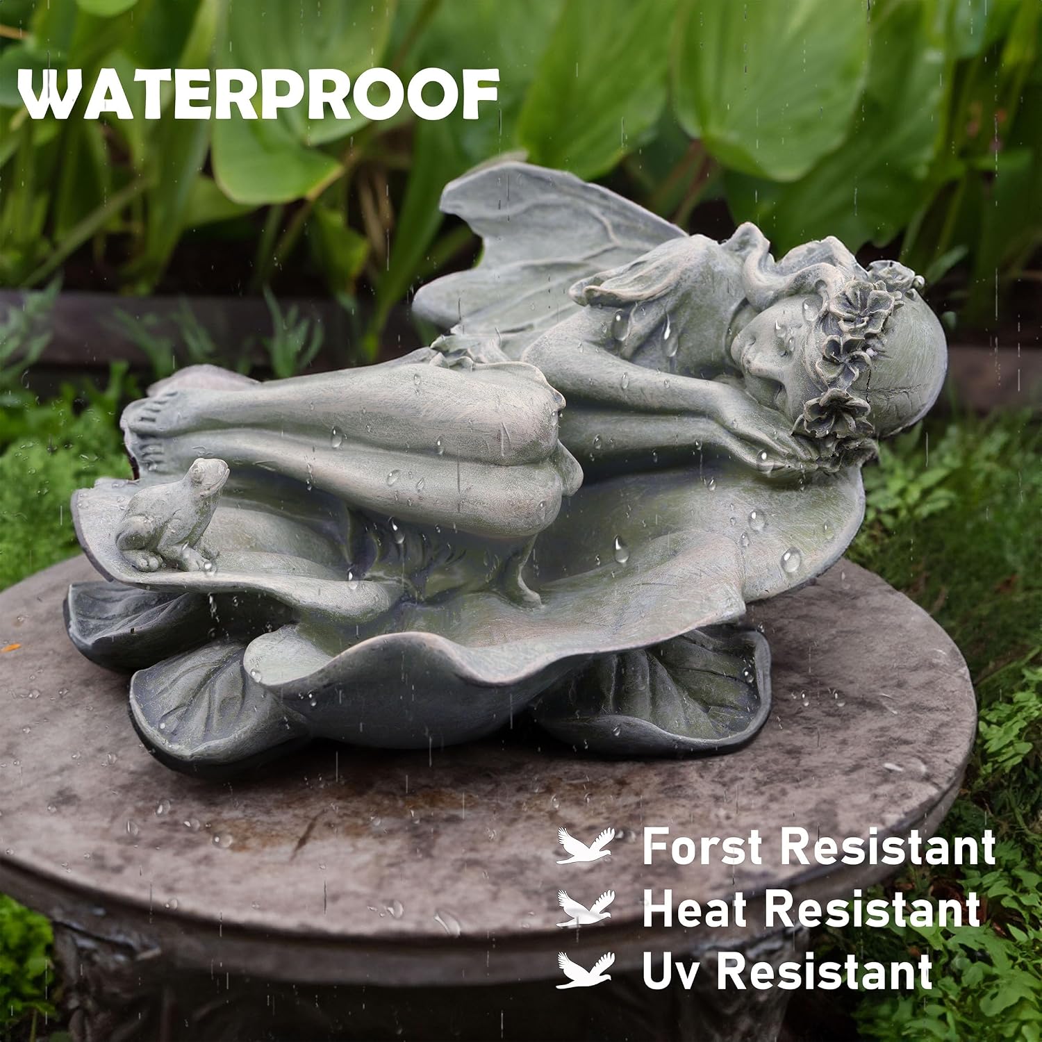 Garden Fairy Statue,Garden Sleeping Angel on Lotus Leaf with Bird Feeder Feature Outdoor Decor Sculptures Figurine
