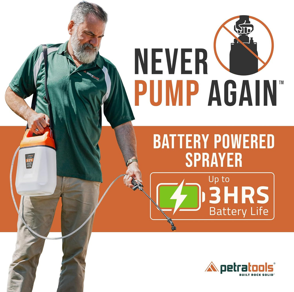 PetraTools EZ1 Battery Powered Sprayer - 3 Hr Runtime & 3 Nozzles, 1 Gallon | Sprays 20+ Gallons Per Charge - Lawn &