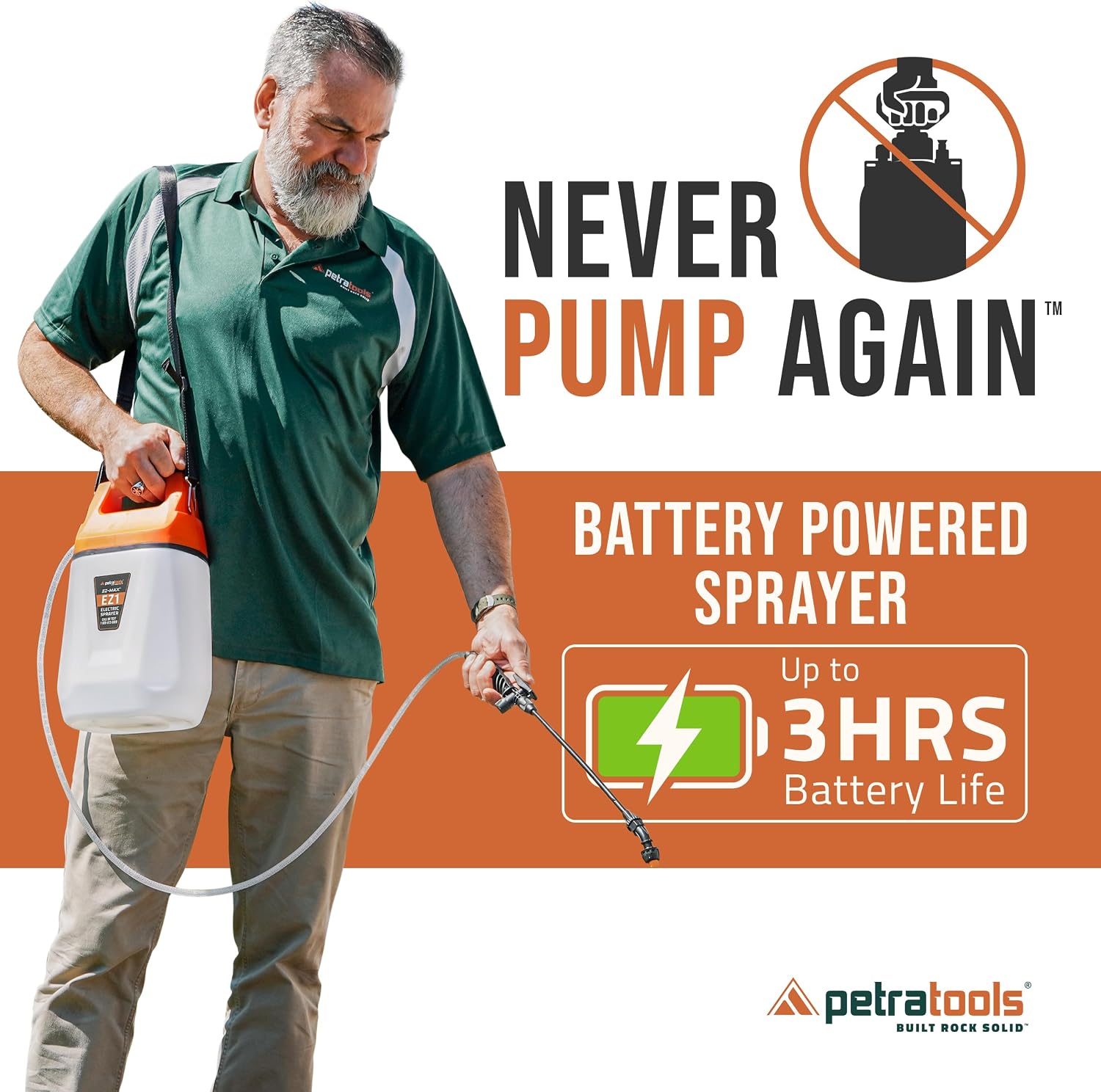 PetraTools EZ1 Battery Powered Sprayer - 3 Hr Runtime & 3 Nozzles, 1 Gallon | Sprays 20+ Gallons Per Charge - Lawn &