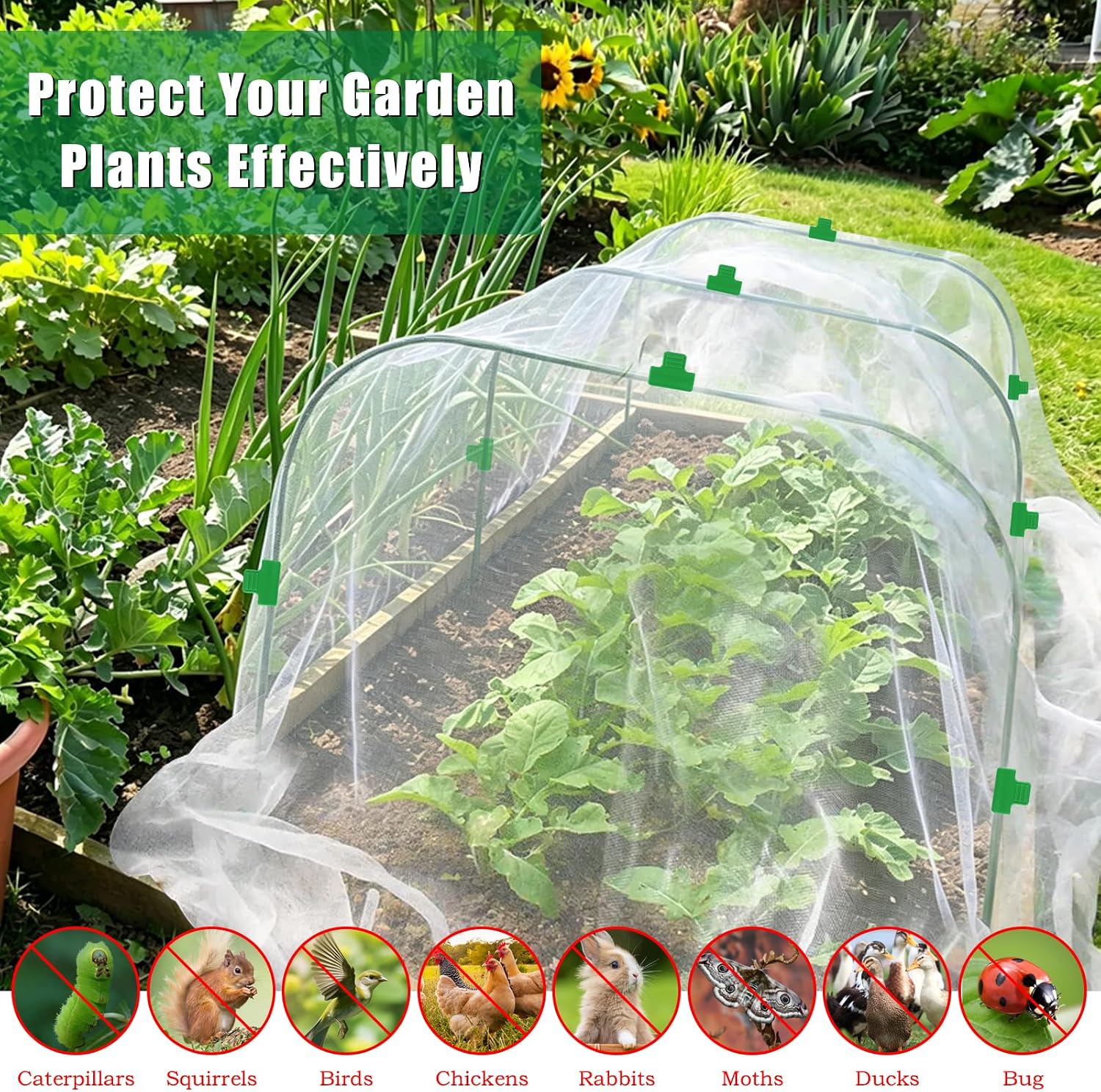 10 X 33 FT Garden Mesh Netting Kit Pest Barrier for Raised Beds with Hoops | Fruit Tree Netting with 6 Sets Garden