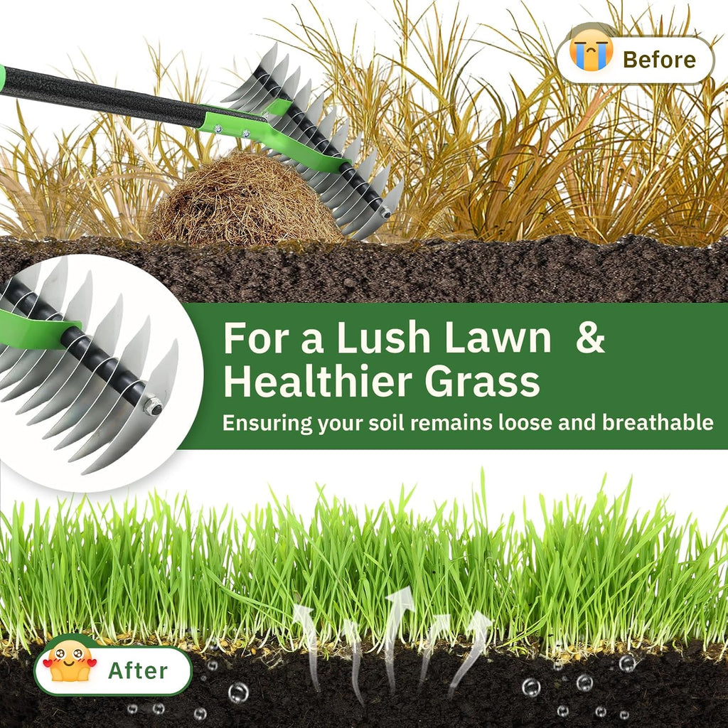 Thatch Rake, 13" Wide Efficient Dethatcher Rake with 70" Adjustable Long Handle, Heavy Duty Steel Metal Dethatching