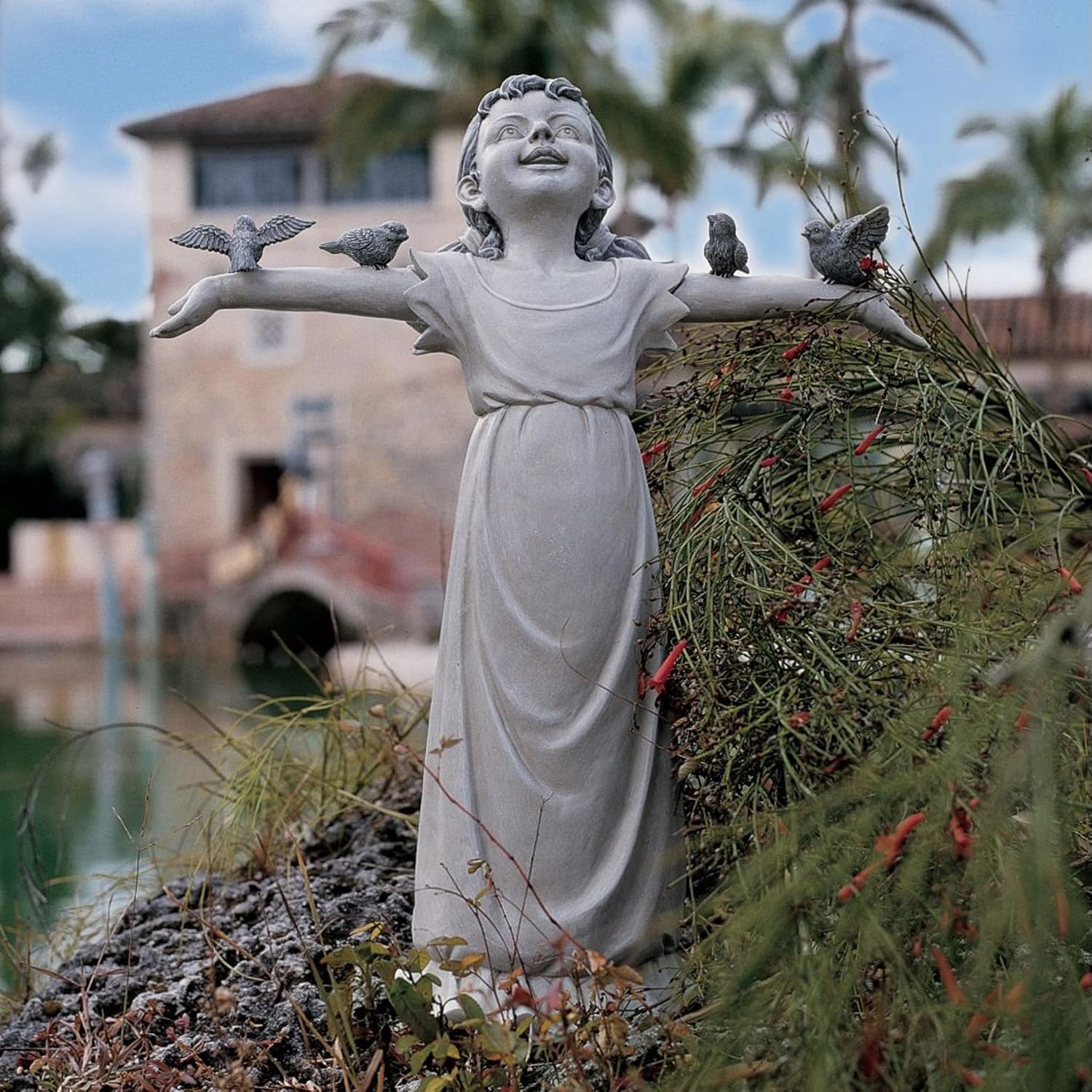 Design Toscano Basking in Glory Little Girl with Birds Outdoor Garden Statue, Medium, 16 inches tall, Cast Stone Resin