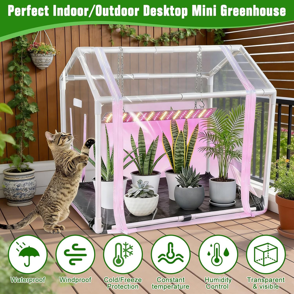 Mini Greenhouse with Grow Light for Indoor, PVC Planting Tent with Waterproof Mat & Zipper Door,15W Full-Spectrum LED