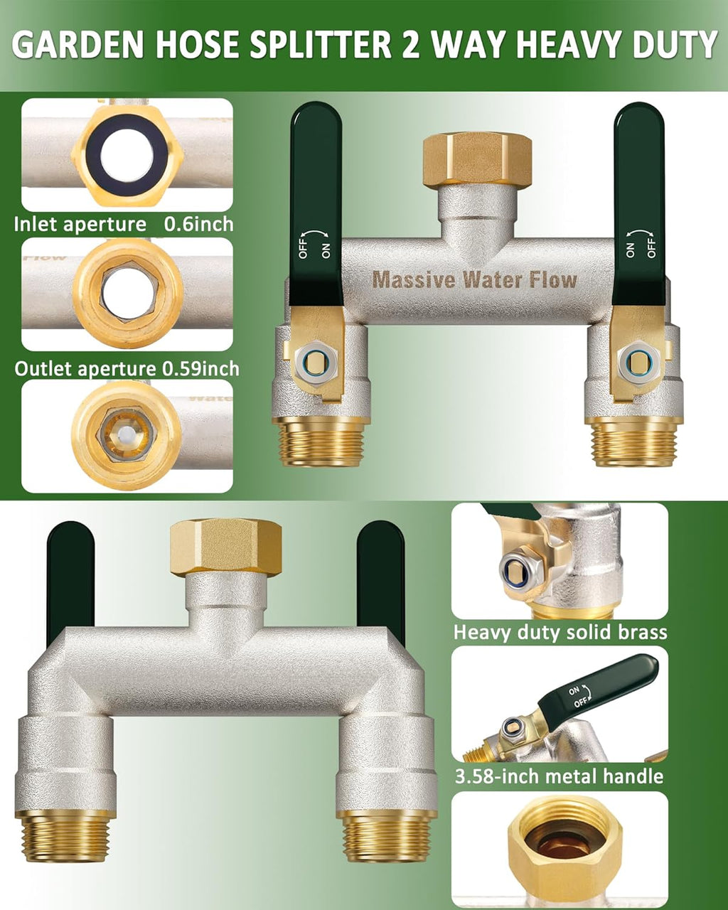Hose Splitter 2 Way Heavy Duty, Brass Garden Hose Splitter | 304 Stainless Steel Long Handle, Full Flow Nickel Plated