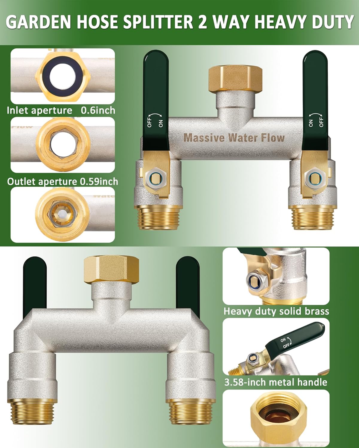 Hose Splitter 2 Way Heavy Duty, Brass Garden Hose Splitter | 304 Stainless Steel Long Handle, Full Flow Nickel Plated