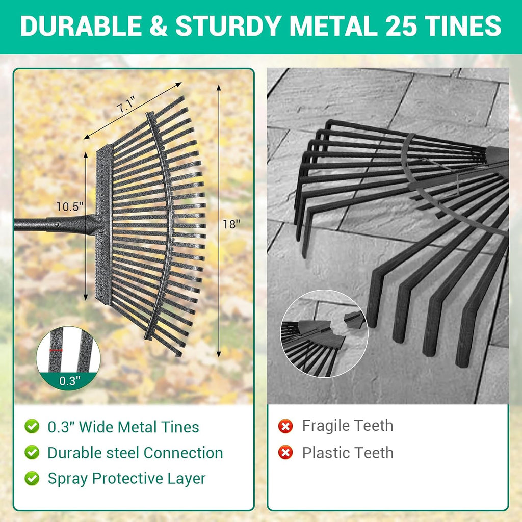 Adjustable Garden Rake for Leaves 36-73" Long Handle, 18" Wide, Heavy Duty with 25 Metal Tines ，Includes 32Gallon Leaf