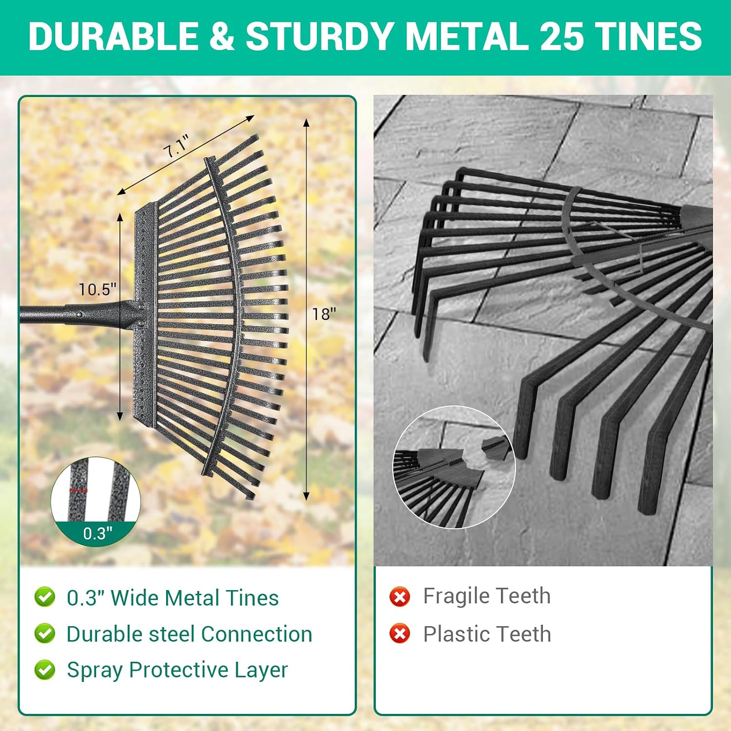 Adjustable Garden Rake for Leaves 36-73" Long Handle, 18" Wide, Heavy Duty with 25 Metal Tines ，Includes 32Gallon Leaf