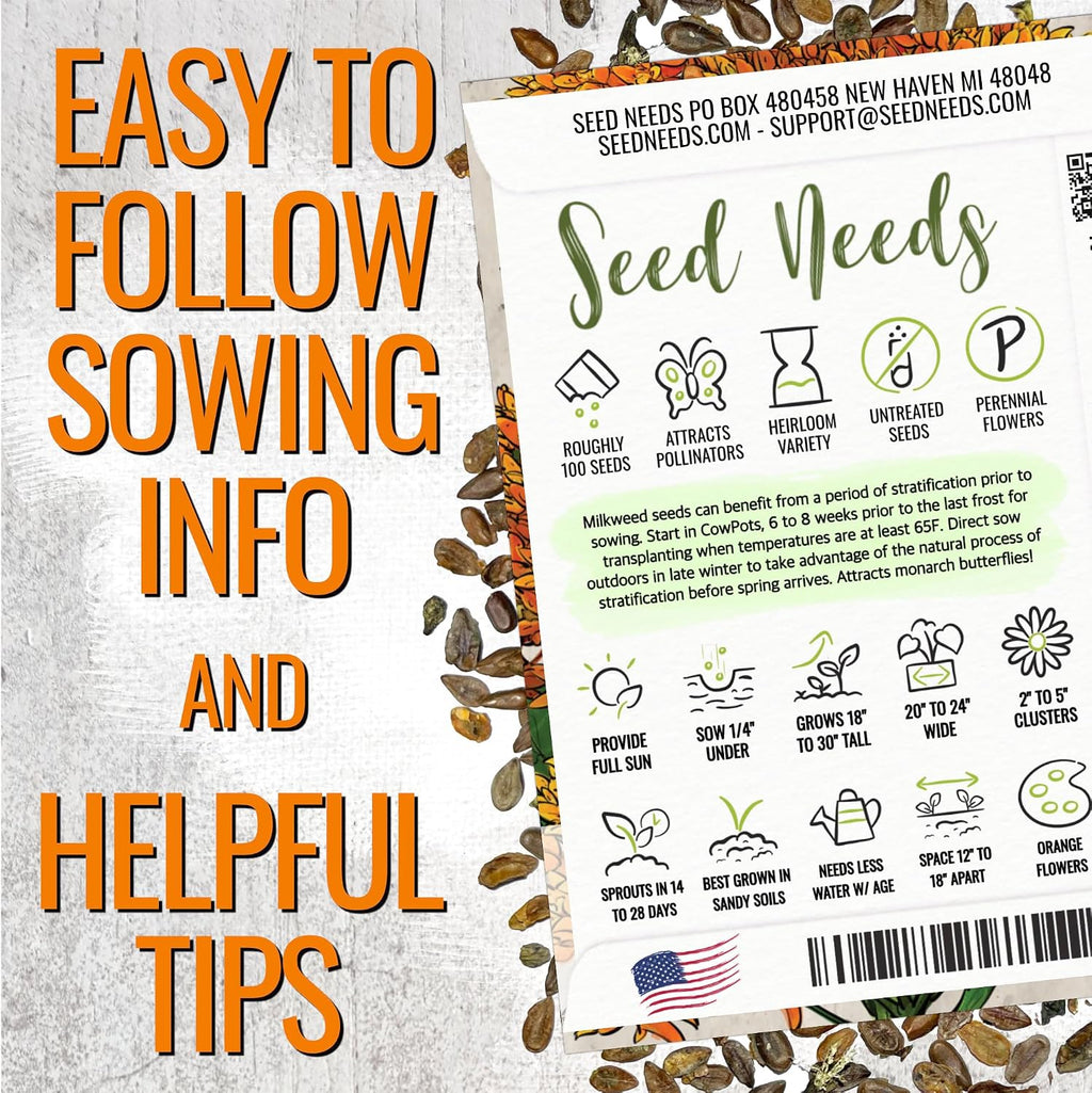 Seed Needs Milkweed Seeds to Plant a Butterfly Garden for Attracting Monarch Butterflies - Collection of Pink, Orange &
