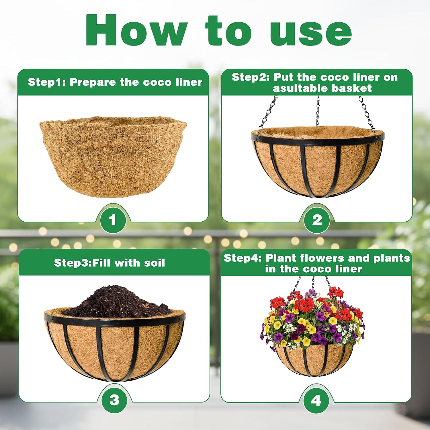 4 Pack 14 Inch Hanging Planters for Outdoor Plants Metal Hanging Planter Basket with Coco Coir Liner Round Plant Black