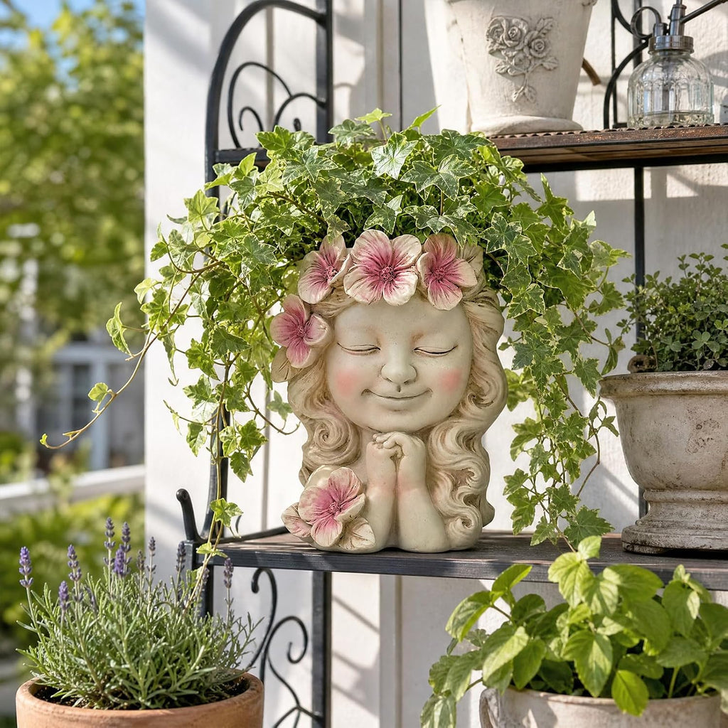 Flower Girl Head Planter Pot, Resin Face Planter for Indoor Outdoor Plants | Cute Succulent Pots, Decorative Plant Pots