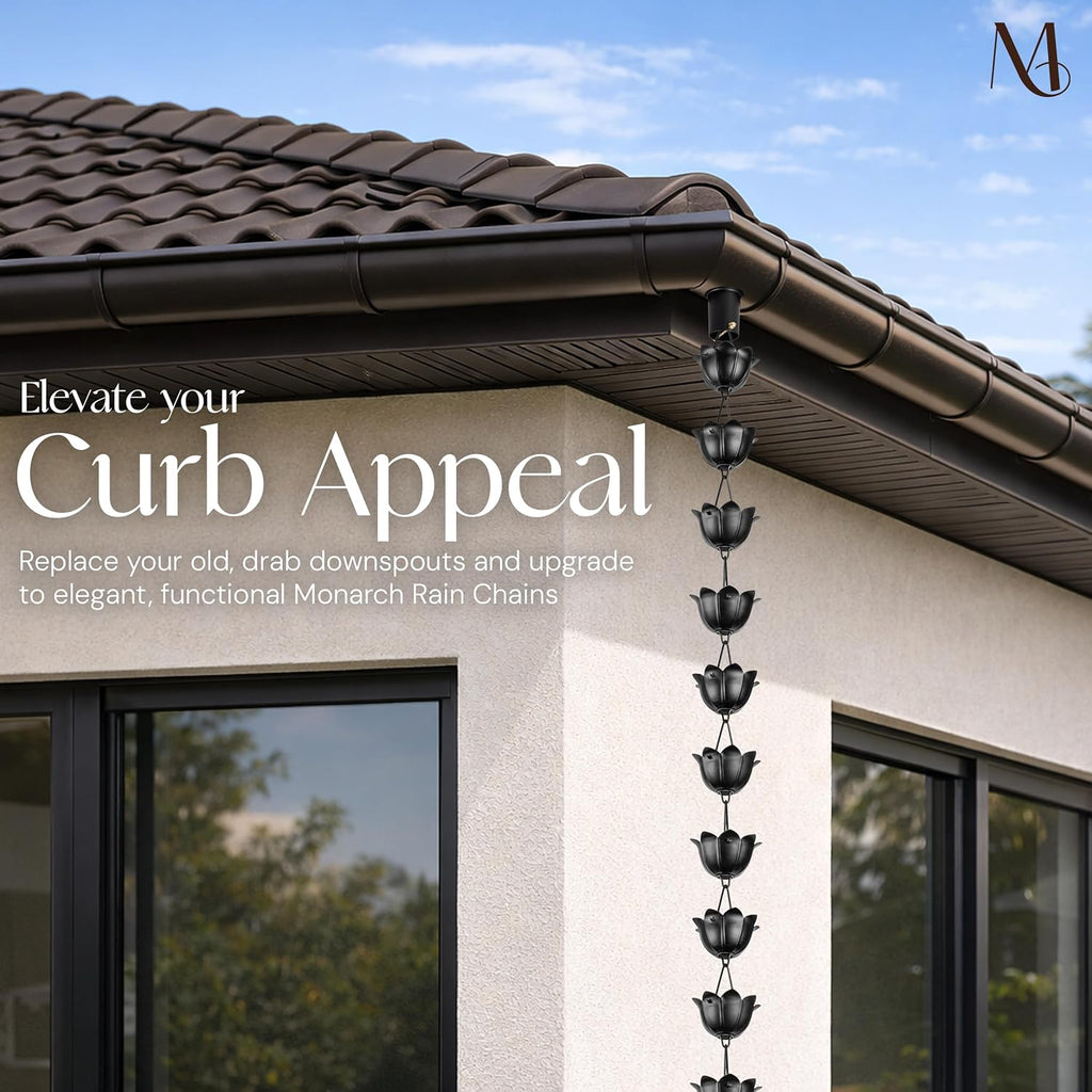 Monarch Rain Chains Aluminum Lotus Black Rain Chains for Gutters – 8.5 ft Black Decorative Rainchain Outdoor Durable