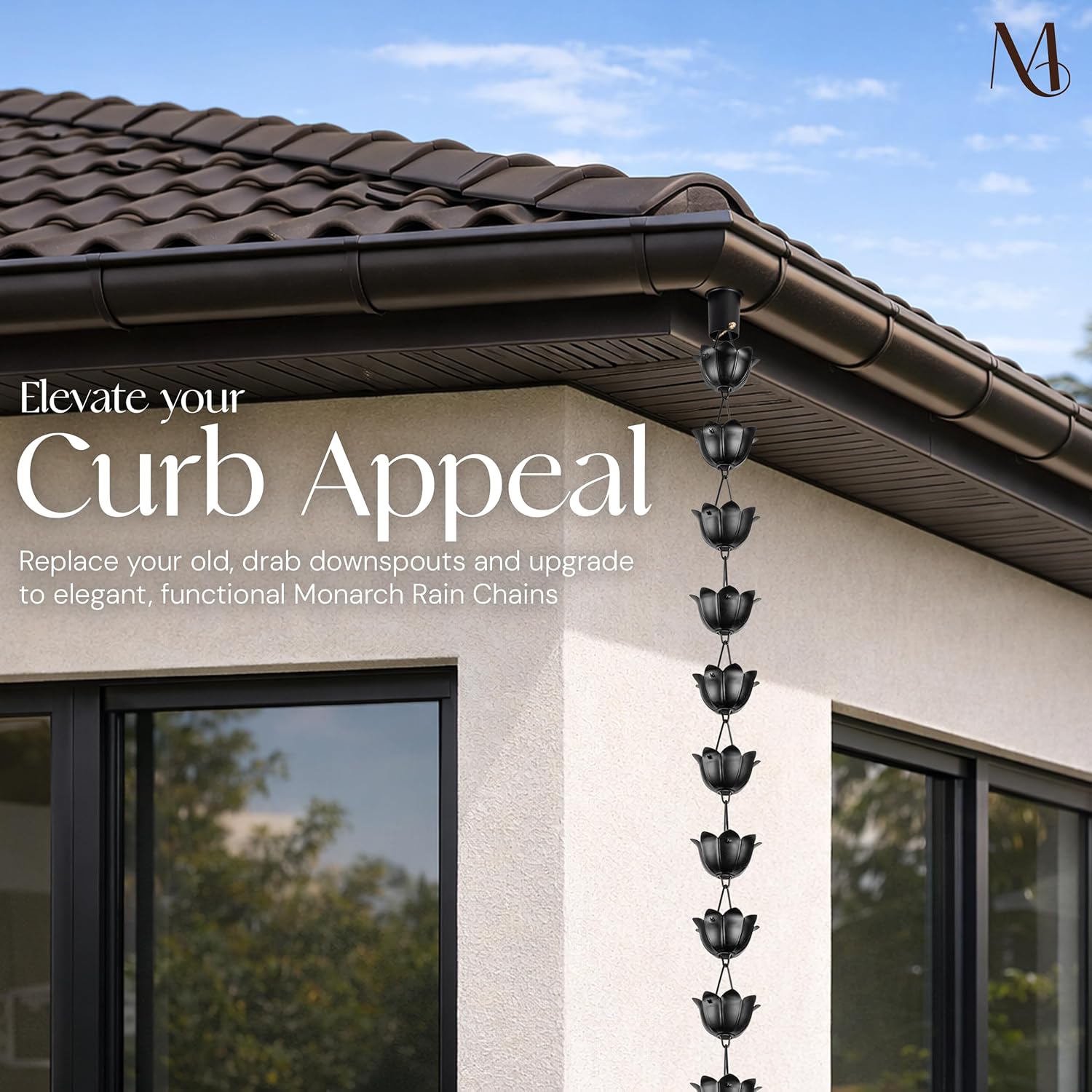 Monarch Rain Chains Aluminum Lotus Black Rain Chains for Gutters – 8.5 ft Black Decorative Rainchain Outdoor Durable