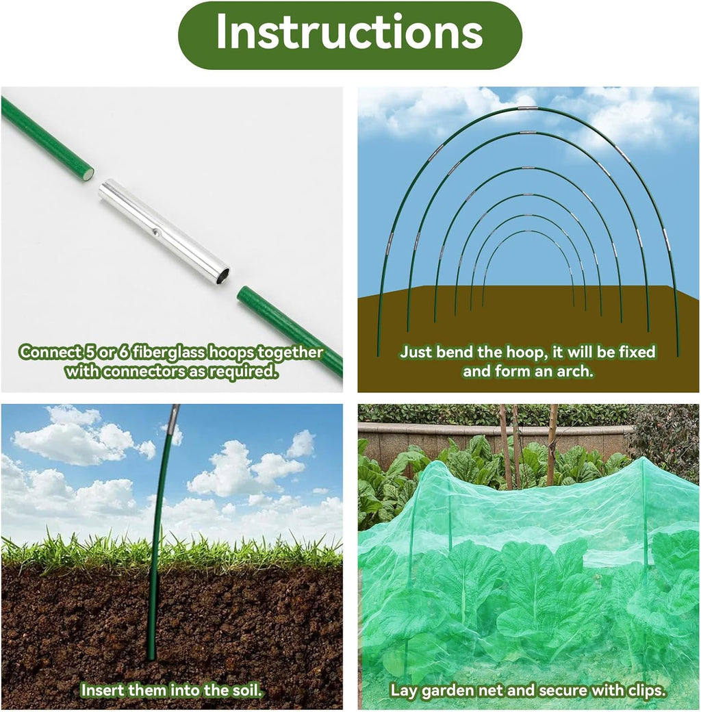 Garden Netting Kit for Raised Beds, 10x30FT Green Ultra Fine Mesh Netting ＆6 Sets of 8FT Garden Hoops, Insect Netting
