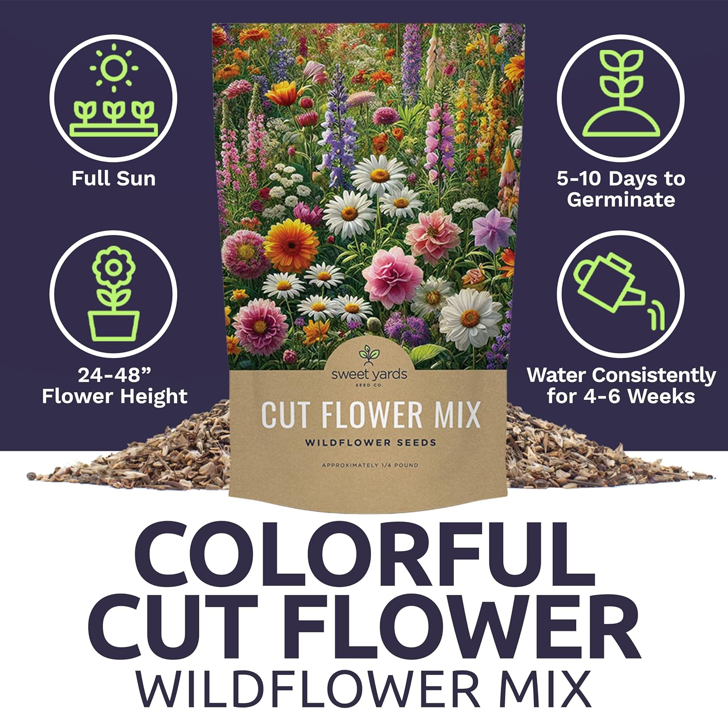 Cut Flower Garden Seeds - Bulk 1/4 Pound Bag - Over 30,000 Fresh Open Pollinated Non-GMO Wildflower Seeds - Long