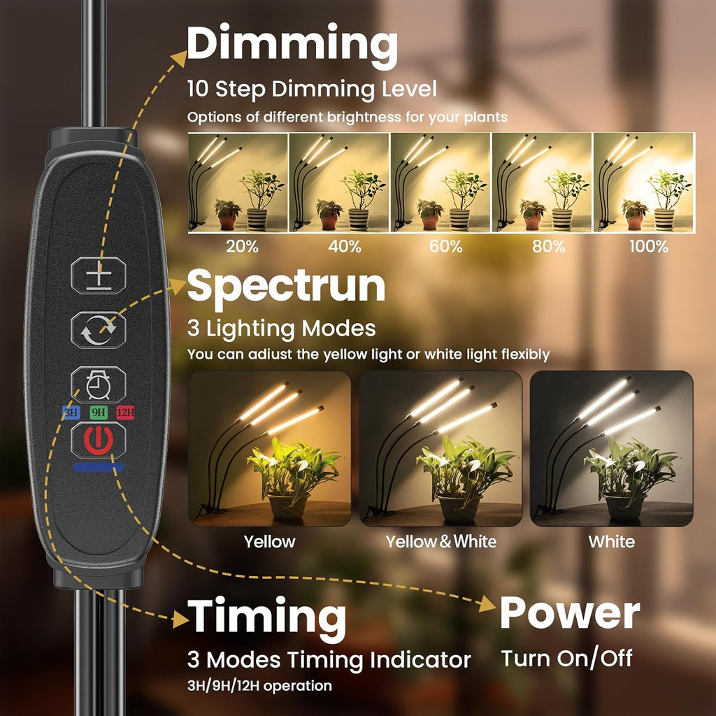Bseah Grow Light for Indoor Plants, Full Spectrum Plant Grow Lamp with 3/9/12H Timer, ON & Off, Clip-On Desk for Seed
