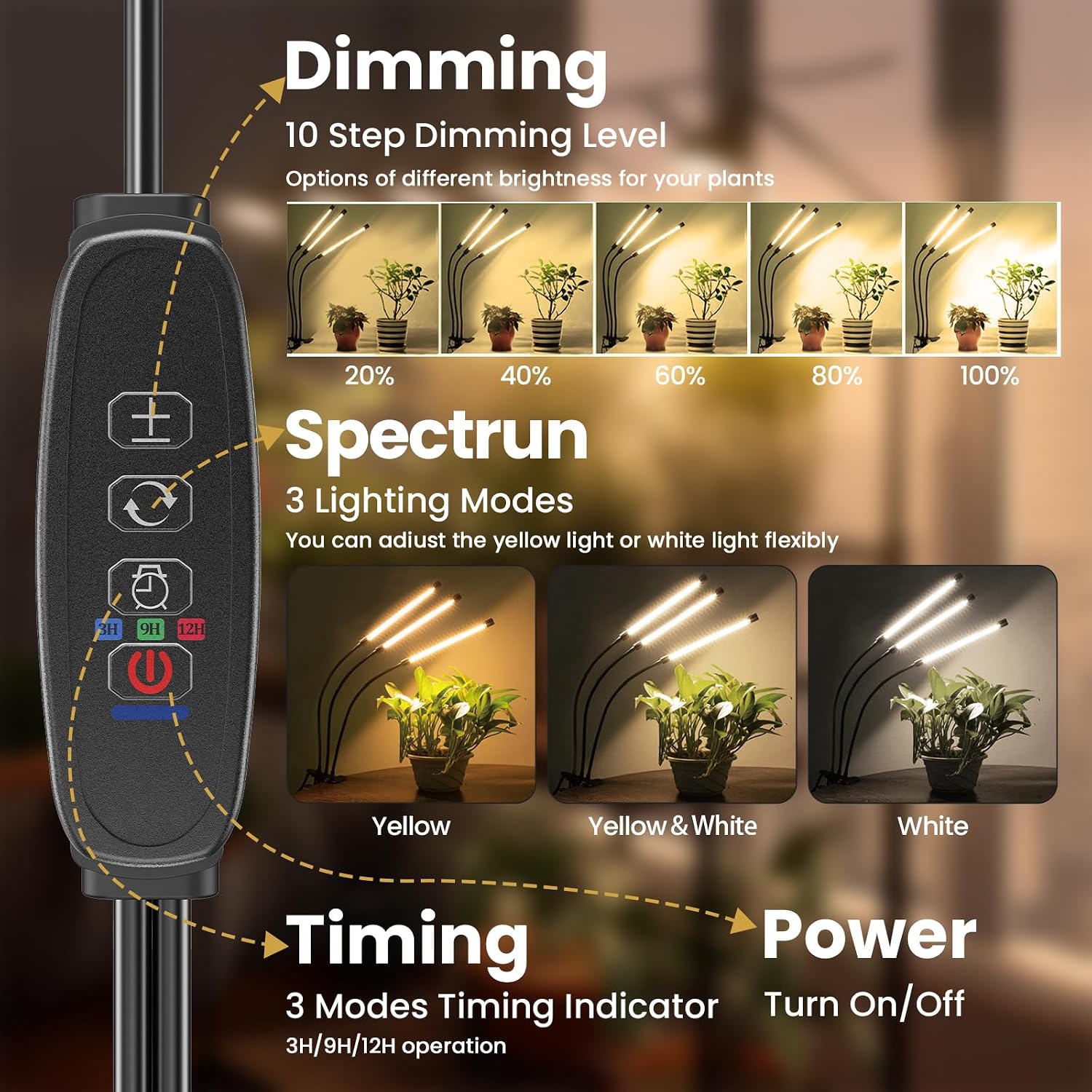 Bseah Grow Light for Indoor Plants, Full Spectrum Plant Grow Lamp with 3/9/12H Timer, ON & Off, Clip-On Desk for Seed