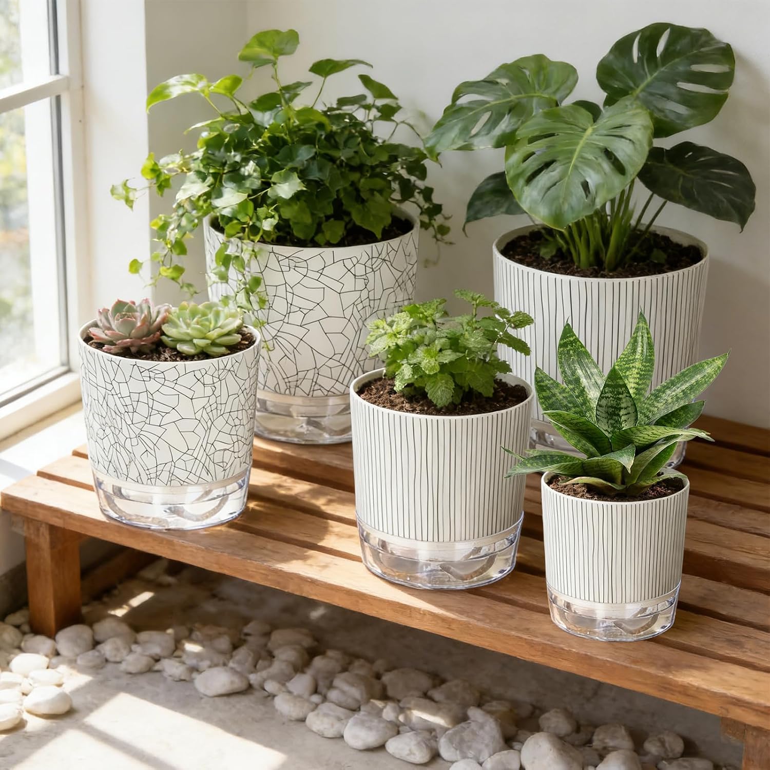 6 Pack Self Watering Pots for Indoor Plants, 4/5.5/6.3 Inch Plant Pots | Self Watering Planters with Drainage Hole
