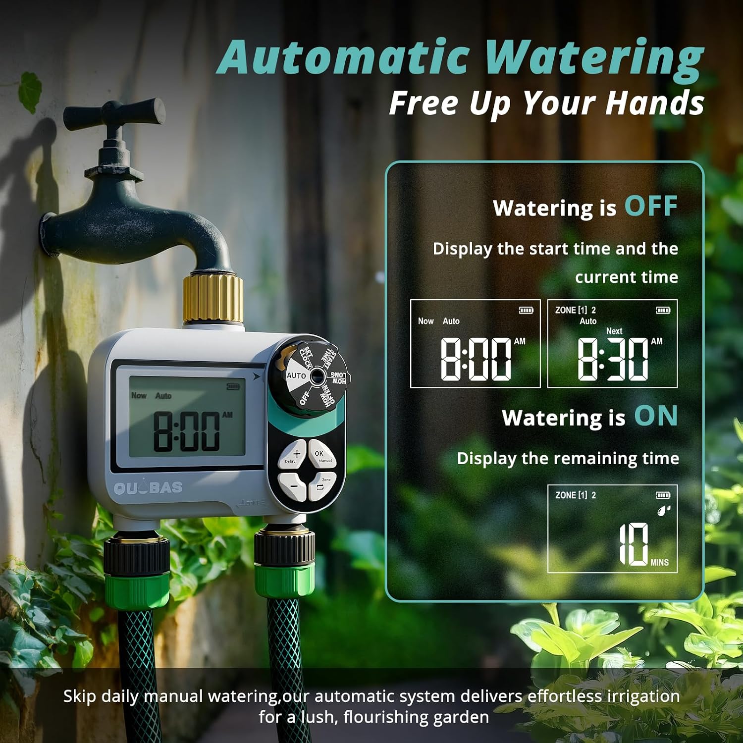 QUOBAS Brass Sprinkler Timer, Programmable Water Hose Timer for Garden Hose | 2 Zone Faucet Timer with Waterproof LCD