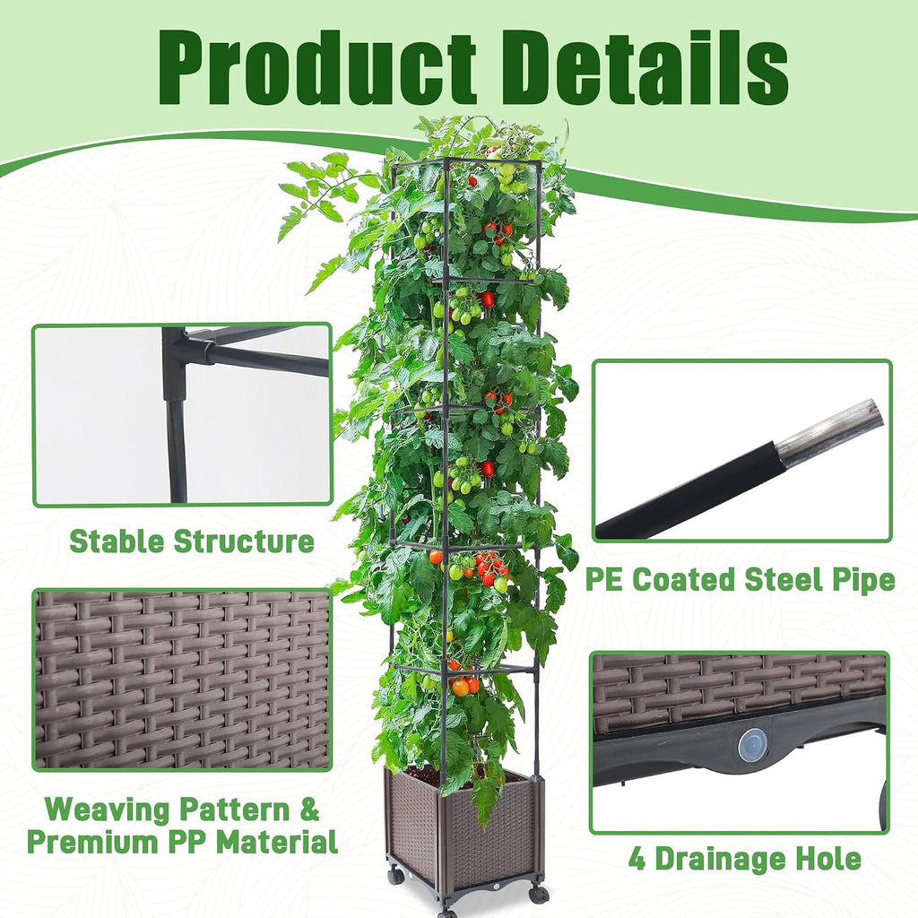 Quibbay Raised Garden Bed Planter Box with Trellis, 74" Self-Watering Tomato Planters for Climbing Plants Vine Flowers