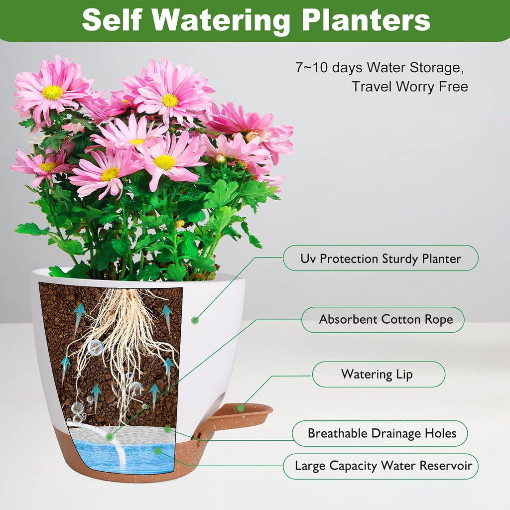 Vanslogreen Flower Pots, 8/7/6.5/6/5.5/5 Inch Self Watering Planters for Indoor Outdoor Plants with Drainage Hole