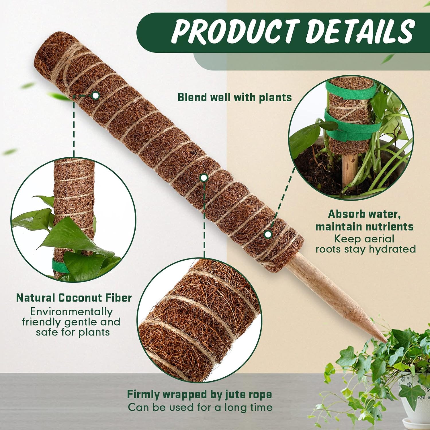 30 Pcs Moss Pole for Plants Monstera 16.5 Inch Coir Poles Bendable Monstera Plant Support with 10 Pcs 6.56 Feet Jute